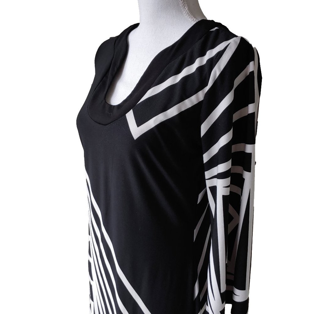 Forever Black White Geometric Minimalist Tunic Sheath Midi Dress - Picture 6 of 7